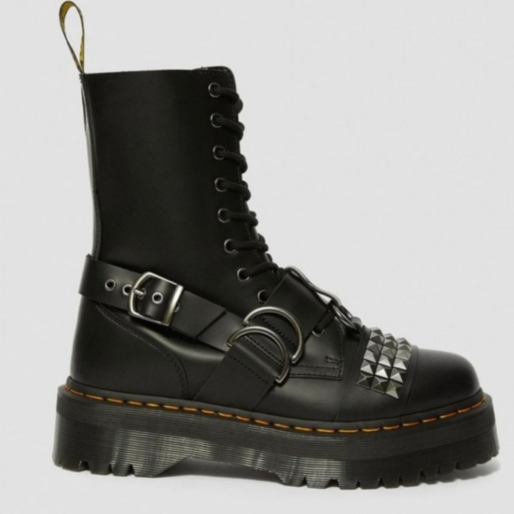 Dr. Martens Black Studded Platform Combat Boot with Buckle Straps